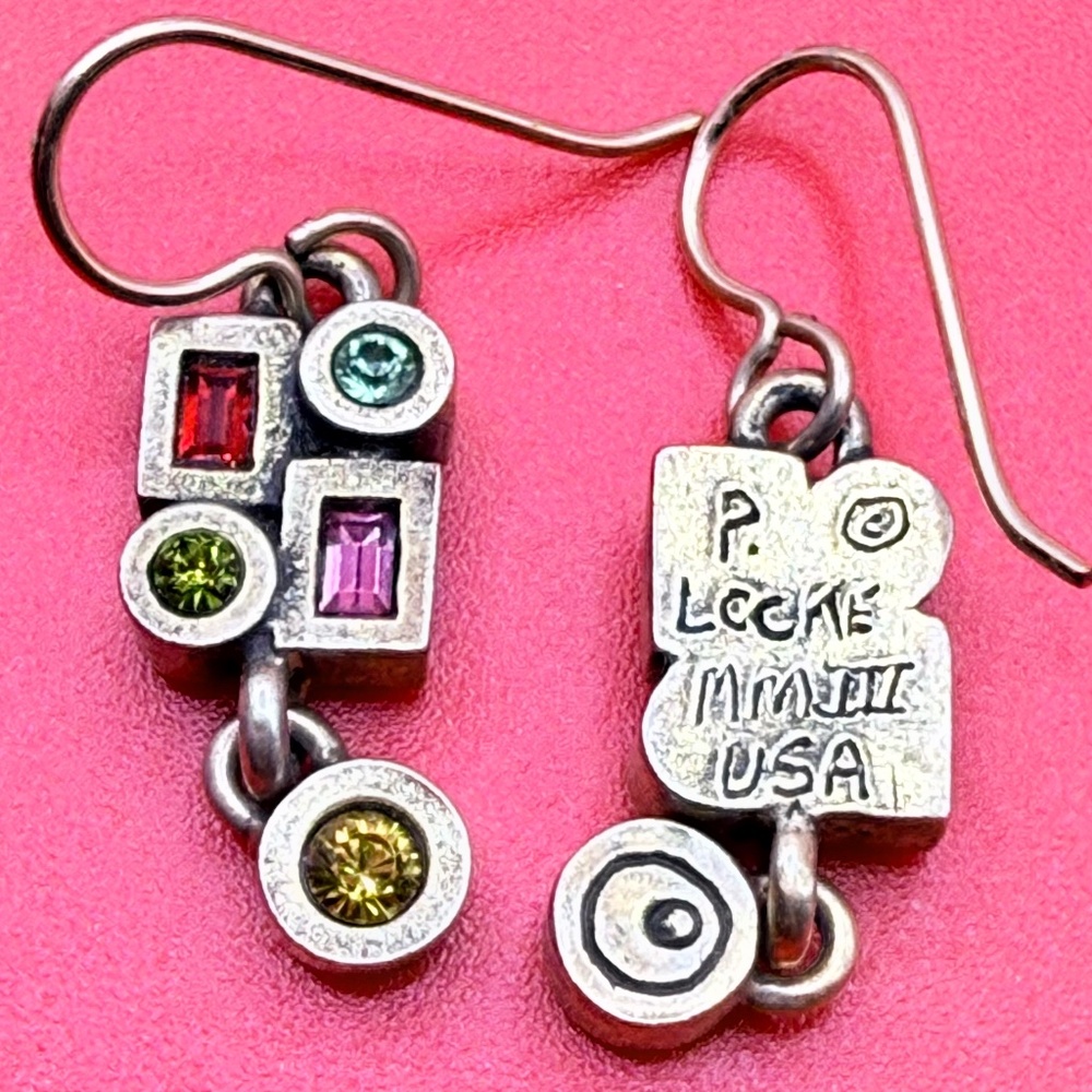 Patricia Locke- Silver Toned Multistone Geometric Drop Earrings - - Picture 2 of 2